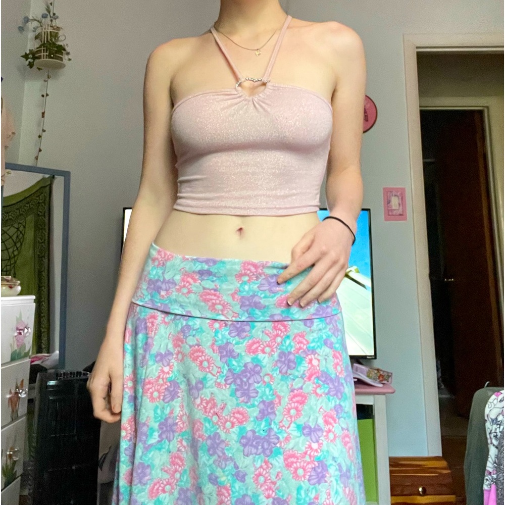 VOVIGOR medium pink heart shimmer y2k top